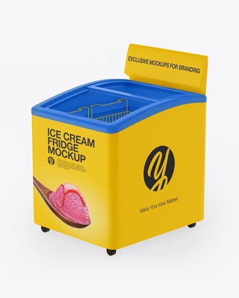 Ice Cream Fridge Mockup Ice Cream Freezer Design, Cream Fridge, Ice Cream Fridge, Ice Cream Photography, Ice Cream Freezer, Ice Cream Brands, Flyer Mockup, High Angle Shot, Stall Designs