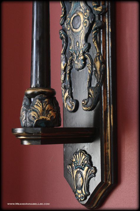 DIY Gothic Baroque Candle Sconce | Goth It Yourself | Paper Clay Casting | Grecian Gold Rub n Buff | Iron Orchid Molds | www.MeandAnnabelLee.com Prima Molds, Baroque Candle, Goth Crafts, Clay Casting, Gothic Table, Gothic Baroque, Diy Gothic, Gothic Candles, Annabel Lee