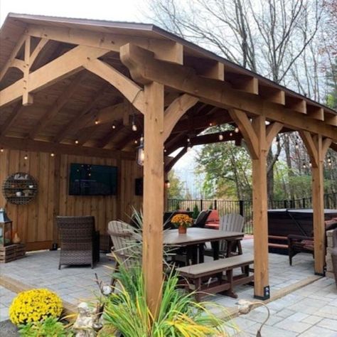 Timber Frame Pergola, Timber Frame Pavilion, Backyard Structures, Pavilion Plans, Pool Pavilion, Party Backyard, Privacy Wall, Pavilion Architecture, Outdoor Pavilion