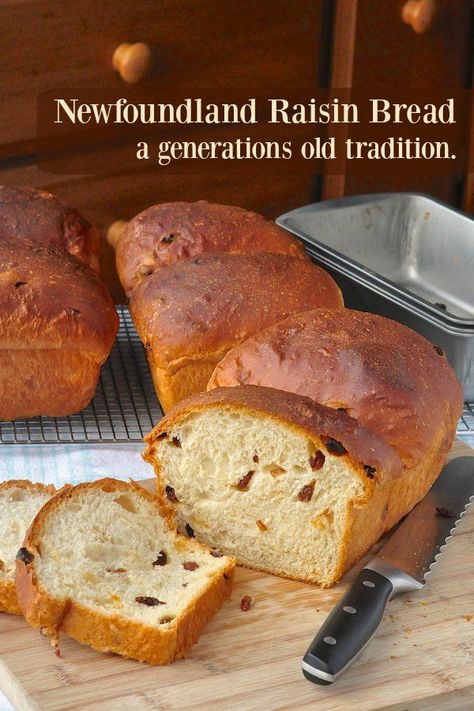 Newfoundland Raisin Bread - a traditional sweet bread made in Newfoundland families for generations. It's delicious fresh or toasted or turned into French toast with a drizzle of molasses. Brioche With Raisins, Canadian Foods, Canadian Recipes, Newfoundland Recipes, Canadian Cuisine, Homemade White Bread, Rock Recipes, Cinnamon Raisin Bread, Yeast Breads