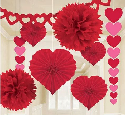 This Valentine's Paper Decorations Kit includes one garland, two red tissue poms, two hanging heart string decorations and four red tissue fans. This lovely red set makes it easy to decorate for a party or to dress up a small cafe or restaurant. This Valentines paper crafts kit is designed to charm your guests. Haldi Decoration, Saint Valentin Diy, Roses Valentine, Valentines Bricolage, Pom Pom Decorations, Valentine's Day Decorations, Valentinstag Party, Paper Party Decorations, Children Bedroom