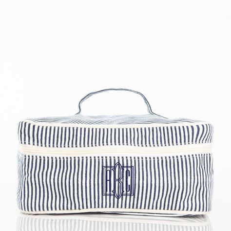 "These canvas striped makeup/jewelry/travel bags are perfect for your next trip.  They measure 5\" H X 11\" W X 8\" L.  They also have a zip closure, a wipeable polyester lining, and an inside zip pocket.   Please leave the following information when placing your order.  - Monogram (first, LAST, middle) or Name  - Monogram font  - Thread color  - Any other special instructions Thank you for shopping Three Threads!  I appreciate your business!" Jewelry Travel Bag, Monogrammed Makeup Bags, Best White Elephant Gifts, Cute Makeup Bags, Bag Jewelry, Train Case, Birthday Wishlist, Jewelry Bag, Make Up Bag