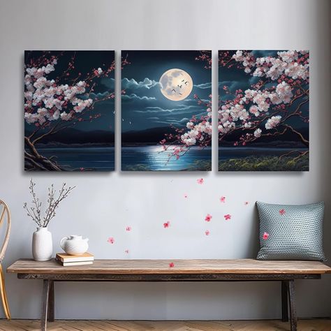 Bedroom Decor Artistic, Cherry Blossom Painting On Canvas, 3 Part Canvas Painting, 3 Canvas Painting Ideas Room Decor, Set Of 3 Canvas Painting Ideas, 3 Set Paintings Wall Art, Aesthetic Canvas Painting Ideas, Living Room Decor Artwork, Japanese Decor Ideas