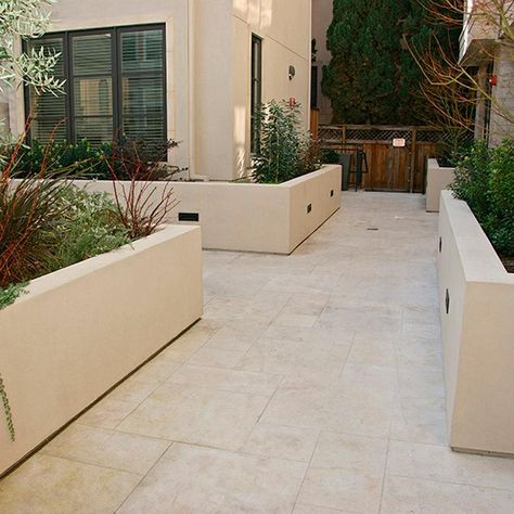 Stucco Planter, 1940s Interior Design, Limestone Patio, Campus Landscape, Limestone Pavers, Limestone Paving, Concrete Retaining Walls, Outside Lands, Backyard Renovations