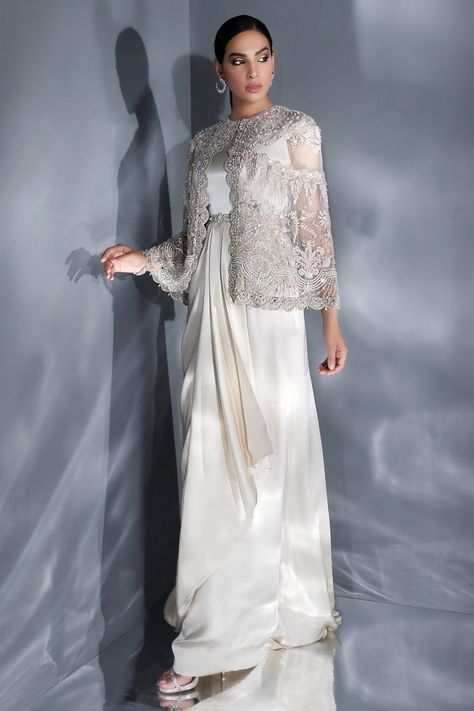 Cape On Dress, Short Capes For Dresses, Silk Cape Dress, Elegant Sequin Dupatta In Traditional Drape, Bollywood Style Embellished Sets With Traditional Drape, Fitted Sequined Dupatta With Traditional Drape, Elegant Cape Dress With Sheer Dupatta, Bollywood Style Embellished Draped Sets, Pakistani Cape Dresses