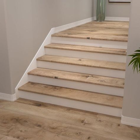 Stair Treads Ideas Wood, Lvp Stairs With White Risers, Light Oak Vinyl Plank Flooring, Lvp Flooring On Stairs, Lvp Stairs, Lvp Flooring Planks, Stairwell Landing, Stairway Remodel, Vinyl Stair Treads