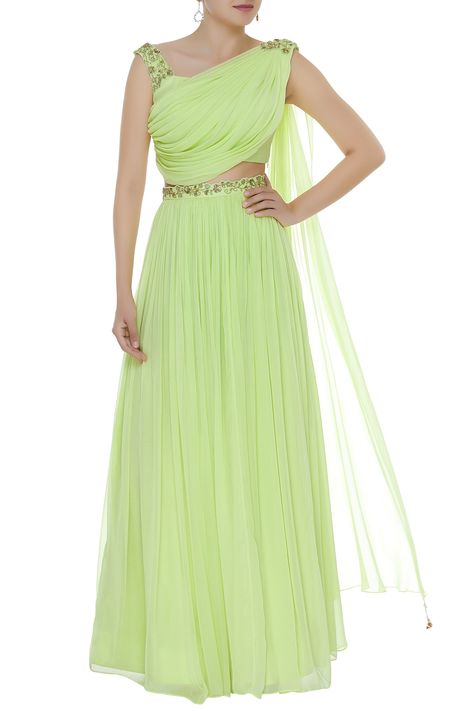 Buy Embellished draped blouse with pleated lehenga by Pooja Peshoria at Aza Fashions Pleated Blouse Designs, Draped Blouse Pattern, Lehenga Green, Pleated Lehenga, Lehenga For Women, Embroidered Beads, Frocks And Gowns, Choli Dress, Draped Blouse