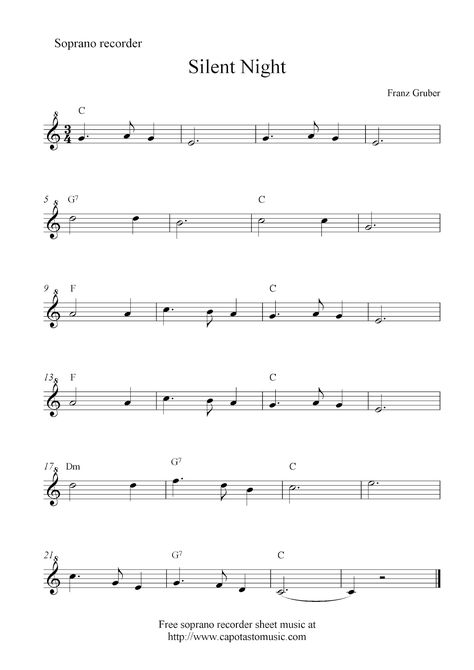 Silent Night, free Christmas soprano recorder sheet music notes Silent Night Recorder Notes, Music Notes Png, Silent Night Sheet Music, Recorder Sheet Music, Recorder Songs, Trumpet Sheet Music, Clarinet Sheet Music, Music Lessons For Kids, Saxophone Sheet Music