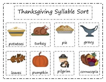 Thanksgiving syllable sort Teaching Syllables Kindergarten, Thanksgiving Syllables Free, Prek Syllable Activities, Counting Syllables, Final Stable Syllable Activities Free, Thanksgiving Literacy, Syllables Activities, Fall Kindergarten, Math Center Activities