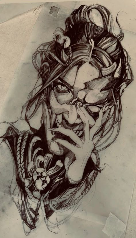 Oni Woman Tattoo, Oni Geisha Tattoo, Japanese Mythology Tattoo, Dark Tattoos Creepy Beautiful, Demon Geisha Tattoo, Samurai Tattoo Ideas, Neo Traditional Geisha, Samurai Ink Art, Samurai Woman