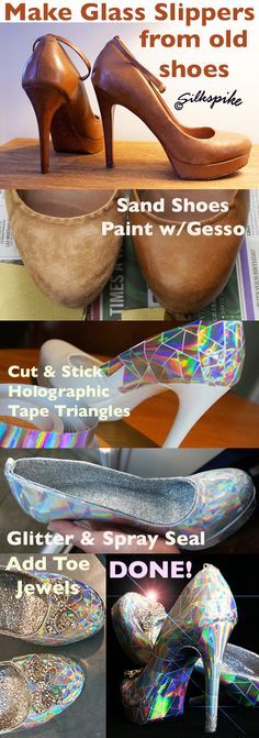 Silkspike Dolls Picture Tutorial - Making Cinderella's glass slippers for a Panto stage prop - inspired by a You Tube video by Mark Montano. Diy Cinderella Shoes, Cosplay Ideas Diy How To Make, D&d Cosplay, Diy Cosplay Costumes, Diy Karneval, Mark Montano, Cosplay Ideas Diy, You Tube Video, Kostuum Halloween