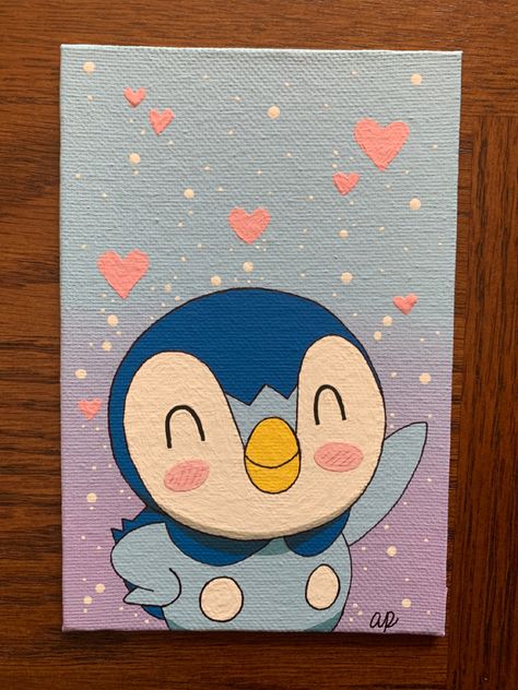 Cute Pokemon Paintings, Cute Painting Ideas On Canvas Easy Disney, Piplup Painting, Cute Character Paintings, Pokemon Canvas Painting Easy, Canvas Asthetic Paintings Easy, Disney Themed Paintings, Acrylic Painting Cartoon Characters, Pokemon Painting Ideas