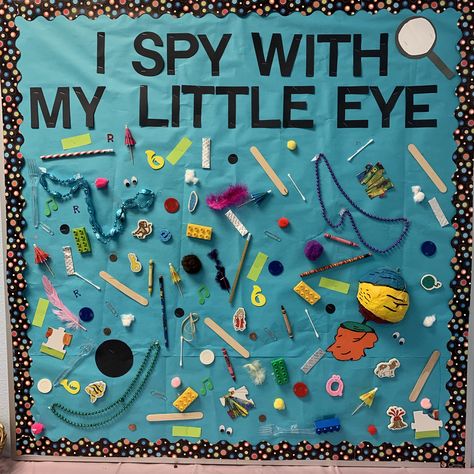 I spy with my little eye bulletin board I Spy Decorations, Eye Bulletin Board Ideas, 5 Senses Display Board, Literacy Boards Display Preschool, Eye Spy Bulletin Board, I Spy Bulletin Board Preschool, I Spy Board, 5 Senses Bulletin Board Preschool, Safeguarding Display Board