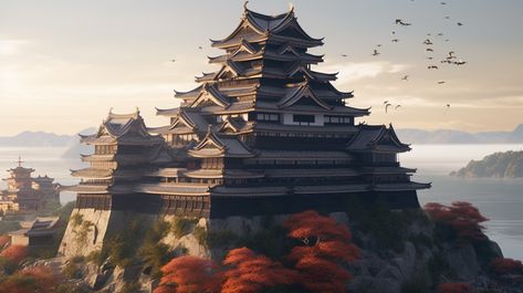 Japanese Kingdom Art, Fantasy Japanese Castle Art, Japanese Fantasy City, Samurai Architecture, Samurai Village, Japanese Palace, Medieval Japanese, Scifi City, Japanese Castle