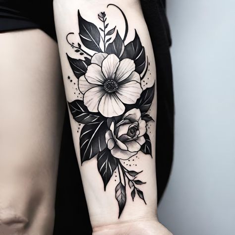 Neo Trad Flowers Black And Grey, Black And Gray Flower Tattoo, Unique Wrist Tattoos, Black And White Snake, Tulip Tattoo, Snake Tattoos, White Snake, Tattoo Cover, Tattoo Cover-up