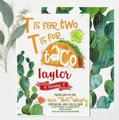 CassiaLeighDesign 2 Birthday Invitations, Taco Twosday, 2nd Birthday Party For Girl, Second Birthday Party, Second Birthday Ideas, Taco Party, 2nd Birthday Party Themes, 2nd Birthday Invitations, Fiesta Birthday