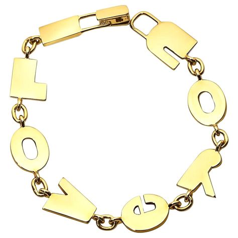 Saying "I love you" is sometimes just enough, and this 18 karat yellow gold bracelet does just that. 7.25" in length. Fox Jewelry, Gold Link Bracelet, Jewelry Accessories Ideas, Dope Jewelry, Gold Charm Bracelet, Stacked Jewelry, Funky Jewelry, Jewelry Lookbook, Yellow Gold Bracelet