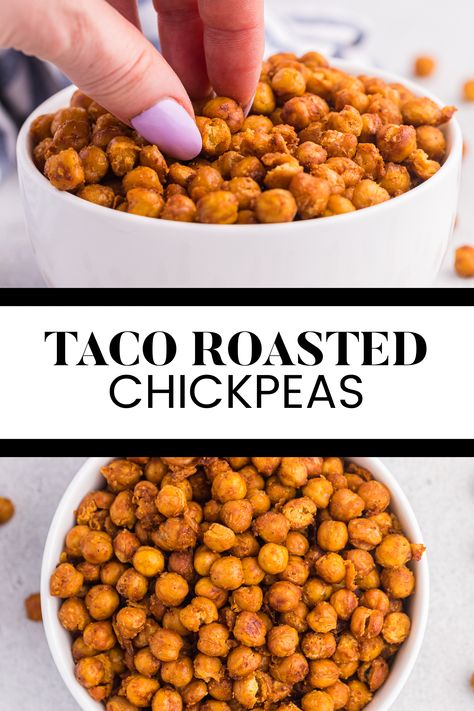 Two image collage of taco roasted chickpeas. First image is a hand reaching in a bowl for taco chickpeas. Second image is a bowl of the taco chickpeas. Roasted Chickpeas Recipe, Flavored Chickpeas, Seasoned Chickpeas, Chickpea Recipes Roasted, Chickpeas Recipe, Spiced Chickpeas, Crispy Chickpeas, Chickpea Recipes, Homemade Tacos