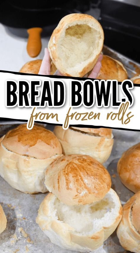 This two-ingredient bread bowl recipe made from frozen roll dough is so simple to make, you'll wonder why you haven't been doing this your whole life. These are perfect for soup, spinach dips, and much more! via @simplysidedishes89 Spinach Dips, Frozen Bread Dough Recipes, Rhodes Rolls Recipes, Rhodes Bread Dough, Soup Spinach, Bread Bowl Soup, Rhodes Dinner Rolls, Homemade Bread Bowls, Bread Bowl Recipe