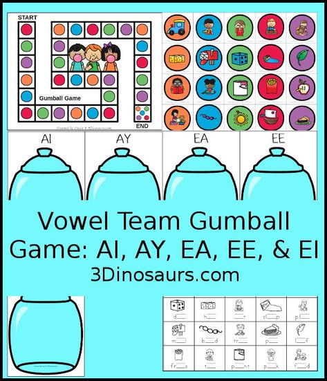 Free Candy Jar Vowel Team Game: AI, AY, EA, EE, & EI - with gameboard, gumball cards with vowel team word pictures, vowel team sorting mats and vowel team recording worksheet to go with sorting and game. - 3Dinosaurs.com Vowel Team Games, Oa Words, Team Games For Kids, Vowel Teams Activities, Vowel Teams Worksheets, Ee Words, Vowel Team Words, Ea Words, Team Word