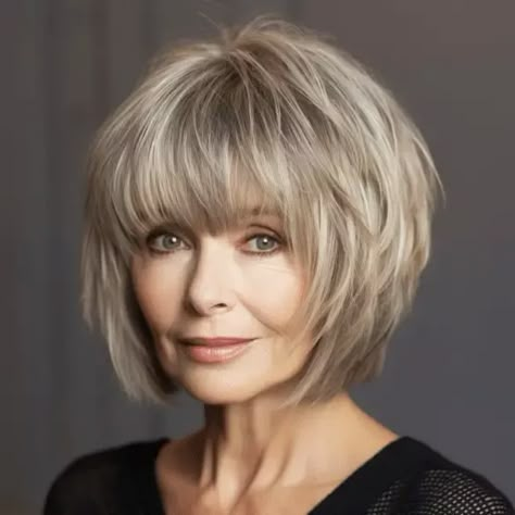 Layered Bob with Fringe Haircuts For Thinning Fine Hair With Bangs, Smooth Bob Hairstyles, Layered Bob For Thick Hair Over 50, Layered Hair Styles Short, Hairstyles With Full Bangs, Medium Length Bob With Layers And Bangs, Short Layered Hair Choppy Shag Hairstyles Medium, Short Length Haircut With Bangs, Short Bob Haircuts With Layers Fine Hair