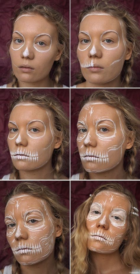 Simple Skull Face Makeup, Easy Face Paint Halloween, Skull Face Paint Easy, White Skull Makeup, Simple Skull Face Paint, Skull Tutorial Makeup, Skull Makeup Easy, Skull Face Tutorial Make Up, Easy Half Skull Makeup