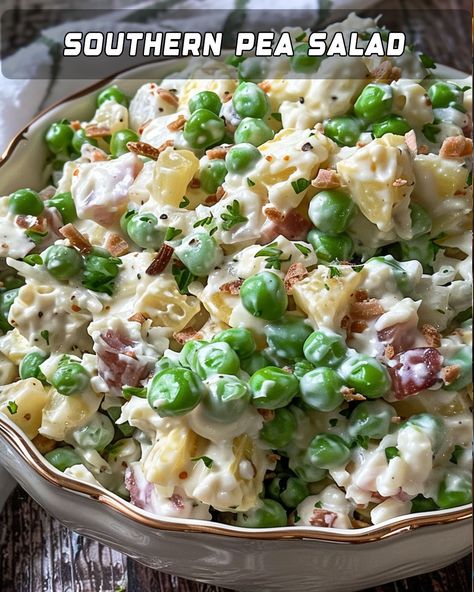 Classic Southern Pea Salad Southern Pea Salad, Fresh Pea Recipes, English Pea Salad, Bacon Pea Salad, Green Pea Salad, Slow Cooked Brisket, Pea Salad Recipes, Tomato Salad Recipes, Shredded Cheddar Cheese