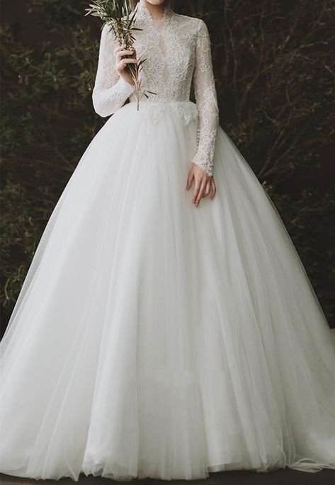 Long Sleeve Full Skirt Wedding Dress, High Neck Wedding Dress With Sleeves Vintage, Long Sleeve High Collar Wedding Dress, Long Sleeve Winter Wedding Dress, Turtle Neck Wedding Dress Long Sleeve Vintage, Wedding Dress High Neckline, Victorian High Neck Wedding Dress, High Neck Long Sleeve Ball Gown Wedding Dress, Outlander Wedding Dress