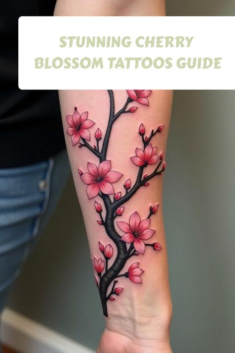 Stunning Cherry Blossom Tattoos Guide Cherry Blossom And Lotus Tattoo, Japanese Cherry Blossom Tattoo Stencil, Neo Traditional Cherry Blossom, Simple Cherry Blossom Tattoo, Cherry Blossom Leg Tattoo, Cherry Blossom Tattoo Stencil, Cherry Blossom Branch Tattoo, Japanese Cherry Blossom Tattoo, Cheetah Print Tattoos