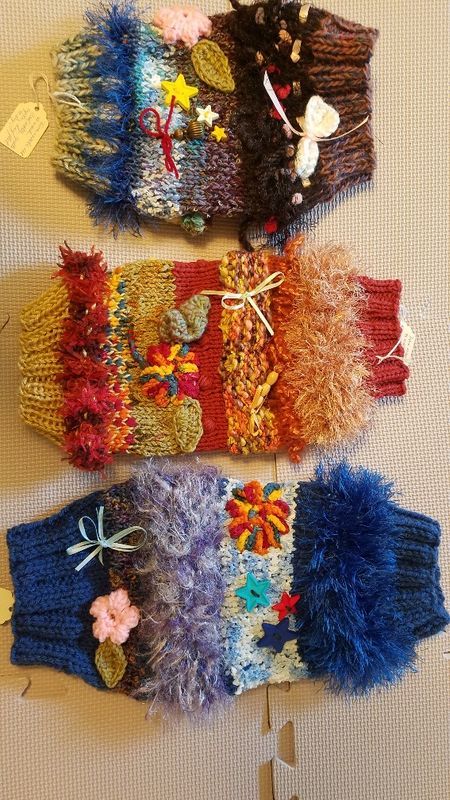 Three more twiddle muffs Hand Muffler Pattern, Twiddle Muff Ideas, Twiddle Muff Pattern Free Knitting, Twiddle Muff Pattern Crochet, Twiddle Blanket Knitted, Crochet Fiddle Mats Alzheimers, Fidget Blankets Alzheimers Pattern, Hand Muffs, Addi Knitting Machine