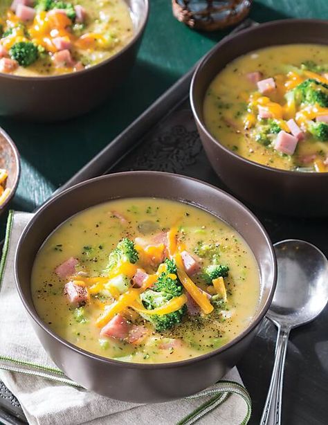 Cheddar, Ham, and Broccoli Chowder - Southern Lady Magazine Broccoli Chowder, Corn Chowder With Ham, Thai Butternut Squash Soup, Ham And Broccoli, Ham Chowder, Chili Stew, Cooked Ham, Soup Chili, Ham Soup