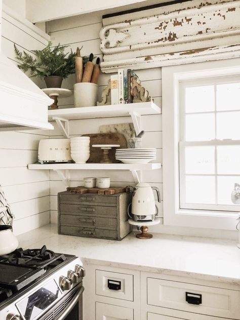 6 Ways to Style Open Kitchen Shelves - Liz Marie Blog Corbel Shelves, Styling Open Kitchen Shelves, Farmhouse Details, Cottage Kitchen Design, Corbel Shelf, Liz Marie, Open Kitchen Shelves, Cottage Kitchens, Room Shelves