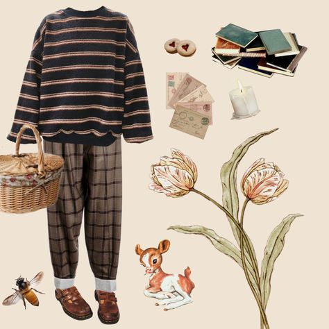 cottagecore, gremlin, soft, boy, he/him, he/they, outfit, clothes, nonbinary, brown, cute, cottage, elliot, jesse, dante, mikey, jonah, river, boy names Cottagecore Acssesories, Soft Nonbinary Aesthetic, He/they Outfits, Cottagecore Nonbinary, Goblincore Outfit Boy, Nonbinary Cottagecore, Cottage Core Outfit Men, Nonbinary Outfit Ideas, Boy Cottagecore