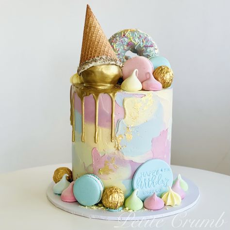 Icecream cone drip cake Ice Cream Drip Cake, Rainbow Drip Cake, Rainbow Cake Decoration, Cone Cake, Twelfth Birthday, Ice Cream Cone Cake, Macaron Cake, Unicorn Painting