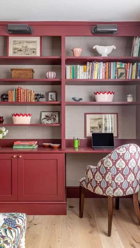 LEONORA BIRTS INTERIOR DESIGN | Some examples of bespoke J O I N E R Y I have designed for my projects. 📸 @jonathanbondphotography #joinery #bespokejoinery… | Instagram Red Built Ins, Small Office With Storage, Wallpapered Bookshelves, Leonora Birts, Red Bookcase, Loft Rooms, Wallpaper Bookshelf, Book Shelf Styling, Office Playroom