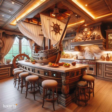 Pirate Ship Kitchen Islands 🏴‍☠️🍽️🚢 #PirateGalley #NauticalCuisine #SwashbucklingFeasts Set sail for culinary adventures with Pirate Ship Kitchen Islands. These unique kitchen fixtures bring nautical charm to your home, transforming meal preparation into a swashbuckling experience. Elevate your kitchen with Pirate Ship Kitchen Islands, where every meal becomes a voyage through the high seas of flavor. 🌊⚔️✨ Traditional Kitchen Island, Nautical Kitchen, Porthole Window, Gothic Furniture, Meal Preparation, Living The Life, Fantasy Homes, Kitchen Islands, Kitchen Themes