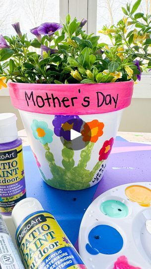 Painting Flower Pots Ideas For Kids, Handprint Pot, Hand Print Flower Pot, Hand Print Flower Pot Mothers Day, Painted Pots For Mothers Day, Flower Pot Ideas For Mother’s Day, Finger Paint Flower Pot, Mother’s Day Pot Handprint, Planter Crafts