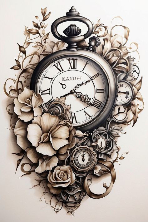 Tattoo Designs Drawings - Tattoo Designs Realistic - Tattoo Designs Man - Tattoo Designs Women - Tattoo Designs Dark  #TattooDesigns #TattooDrawings Tattoo Designs Dark, Tattoo Designs Realistic, Tattoo Designs Women, Vintage Clock Tattoos, Pocket Watch Art, Steampunk Journal, Tattoo Designs Drawings, Watch Tattoo Design, Clock Drawings