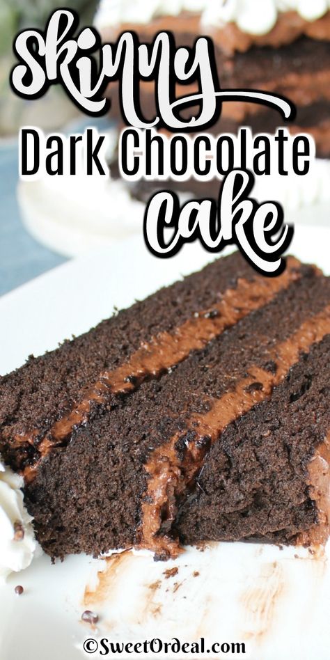 Regardless of whether you’re looking for a low calorie dessert, or just a decadent chocolate cake, Skinny Dark Chocolate Cake is awesome. The cake is super moist and the frosting has a touch of coffee in it for that delicious mocha flavor. Oh yeah, and it really is low calorie; only 187 calories vs. a typical 535 calorie piece of chocolate cake. Yikes! Cake Low Calorie, Low Calorie Cake Recipes, Low Cal Chocolate, Dark Chocolate Cake Recipes, Low Calorie Cake, Dark Chocolate Desserts, Low Calorie Chocolate, Mocha Frosting, Low Cal Dessert