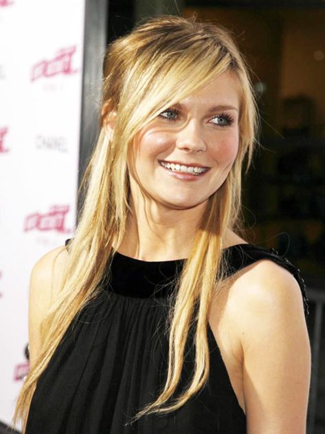 High Forehead Hairstyles, Side Fringe Hairstyles, High Forehead, Forehead Hair, Side Bangs Hairstyles, Fringe Hairstyles, Kirsten Dunst, Long Blonde Hair, Hairstyles For Round Faces