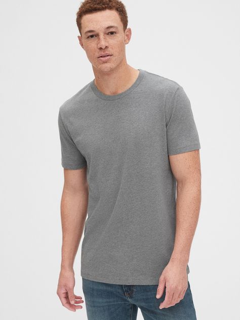 Soft cotton jersey.  Crewneck.  Short sleeves.  Standard fit.  Slim through the chest and shoulders.  Hits at the hip.  Colin in black, blue) is 6'2"/188cm with 32"/81cm waist and 32"/81cm inseam wearing regular Gap Grey Tshirt, Plain Shirt, Grey T Shirt, Loungewear Shorts, Fashion Story, Men Boys, Cotton Shorts, Men Fashion, Daily Fashion