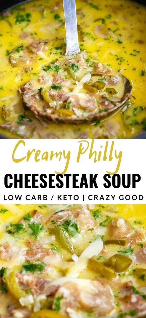 Philly Cheesesteak Soup Recipe, Philly Cheesesteak Soup, Steak Soup Recipes, Slow Cooker Brisket Recipes, Cheesesteak Soup, Low Carb Chicken Soup, Cheesesteak Sandwich, Healthy Low Fat Recipes, Dairy Free Soup