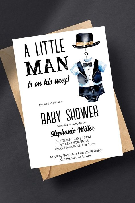 Little man baby shower template invitation digital download black baby tuxedo bodysuit a black hat Little Gentleman Baby Shower Ideas, Little Man Baby Shower Ideas, Baby Tuxedo, Shower Black, Template Invitation, Baby Shower Templates, Boy Baby Shower Themes, Baby Shower Winter, Black Baby