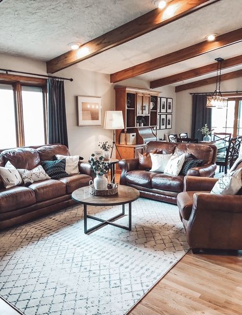 Check out this photo from cedarandvinend Living Room With Mahogany Furniture, Hardwood Floors In Living Room, Slanted Living Room Wall, Brown Leather Furniture Living Room, White Couches Living Room, Leather Furniture Living Room, Living Room Dark Wood, Dark Couch, Brown Leather Furniture