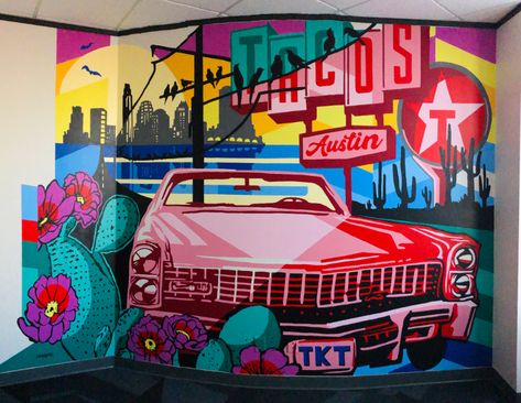 Phoebe Joynt — Fulcrum Capitol Office Mural, ATX Car Mural Art, Pop Art Mural, Car Mural, Street Graffiti Wall Art, Wall Branding, Cars Mural, Graffiti Blackbook, Car Graffiti, Outdoor Murals