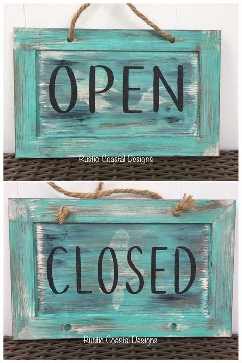 Open Close Sign, Cabinet Doors Repurposed, Driftwood Signs, Open & Closed Signs, Closed Sign, Types Of Paint, Grocery Store Design, Chicken Shop, Open Sign