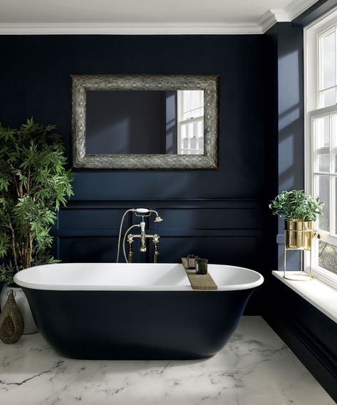 Nevada House, Bright Room Colors, Dark Blue Bathrooms, Moody Bathroom, Best Wall Colors, Navy Blue Bathrooms, Modern Paint Colors, Serene Bathroom, Colors Combinations