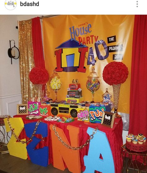 90s Theme 40th House Birthday  Party Dessert Table and Decor 90s Graduation Party, House Party Themed Party, Black 90s Party, 90s Theme Pajama Party, House Party Pajama Jam Theme, 90s Theme 40th Birthday Party, 90s Theme Table Setting, House Party Themed Party 90s, House Party Themes