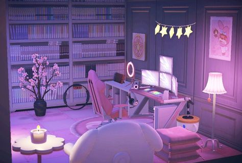 Acnh gaming area, streaming area, acnh inspo Acnh Gaming Room, Gamer Bedroom Ideas, Pink Setup, Decorate House, Solar Punk, Gaming Bedroom, Gamer Bedroom, Ac New Leaf, Animal Crossing Guide