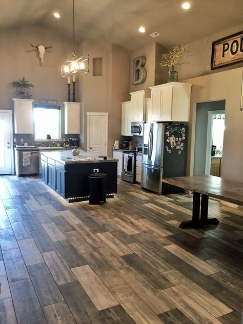 New tile installed, now onto the countertops- suggestions? Metal Farmhouse, Pretty Houses, Corner Pantry, Pole Barns, Wooden Floors, Barn Homes, Room Remodel, Kitchen Farmhouse, Metal Building Homes